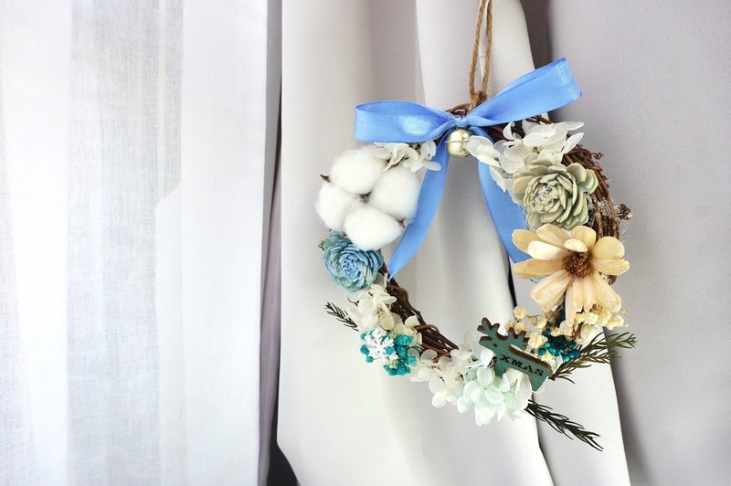 【棉花干燥花藤圈】 干燥花/疗愈/扩香/圣诞藤圈/蓝 - 干燥花/捧花 - 植物．花 蓝色