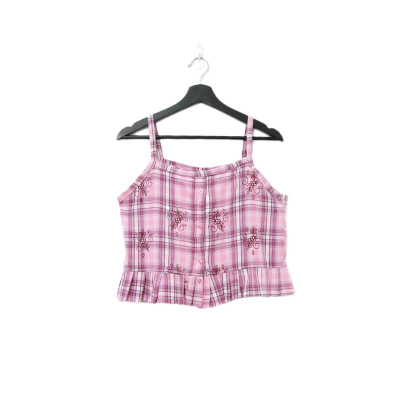 -Back to Green-再制刺绣背心 粉紫格纹 花藤 sv-25/vintage vest - 女装背心 - 棉．麻 