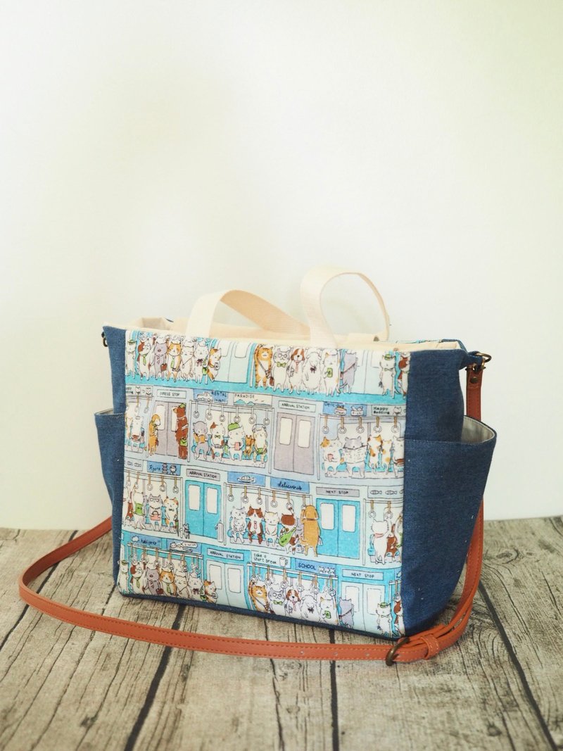 原创手工缝制可爱上班猫 托特侧肩包帆布包 侧袋大容量 多内袋 - 侧背包/斜挎包 - 棉．麻 蓝色