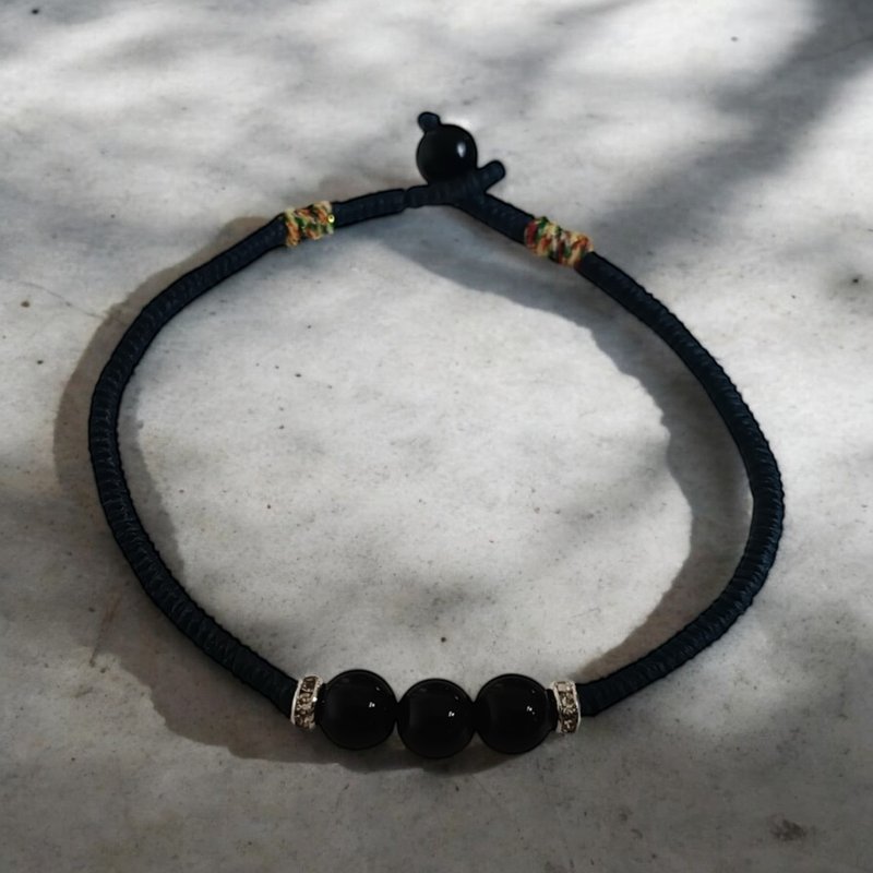 极简晶石系 黑曜三石手环 蜡线金刚结 扣珠款 - 手链/手环 - 其他材质 黑色