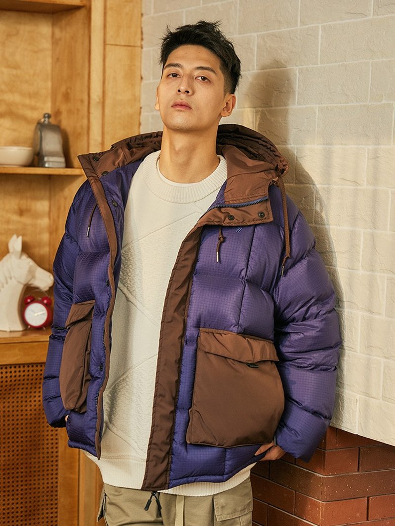 半透明拼接格纹羽绒服连帽休闲宽松潮流外套 - 男装外套 - 其他材质 多色