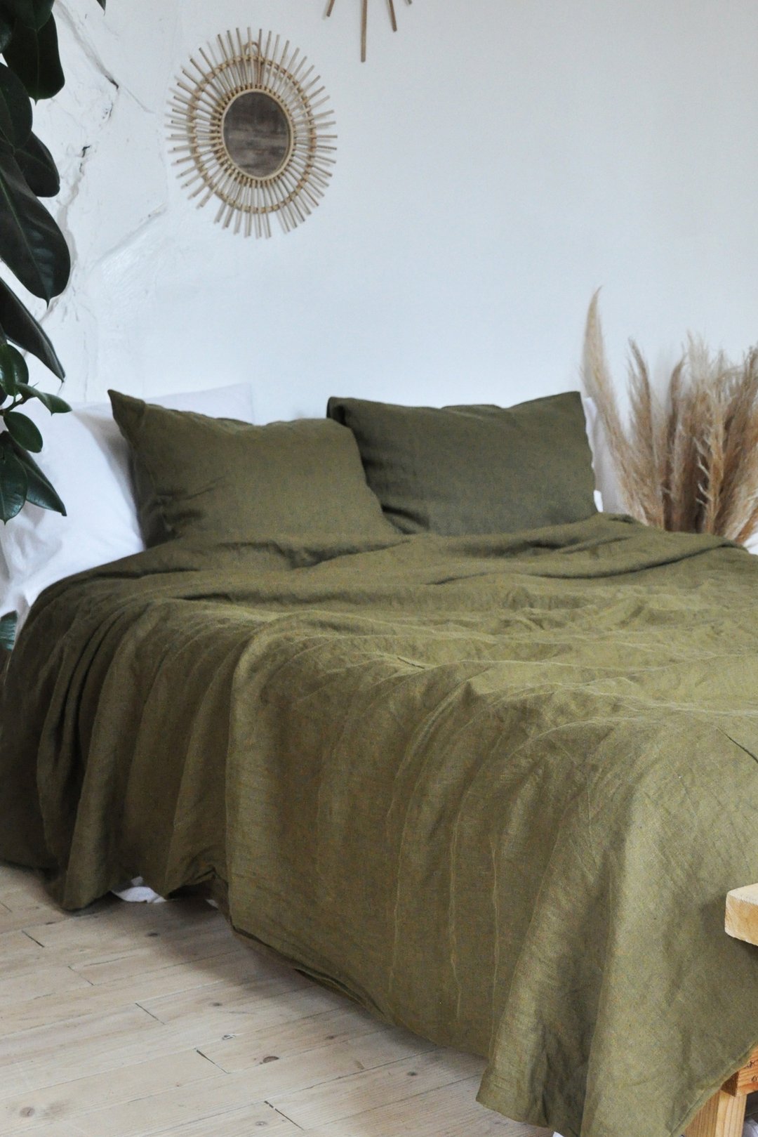 Dark olive linen sheet set / Flat+fitted sheet+2 pillowcases/Green bedding - 寝具 - 亚麻 绿色