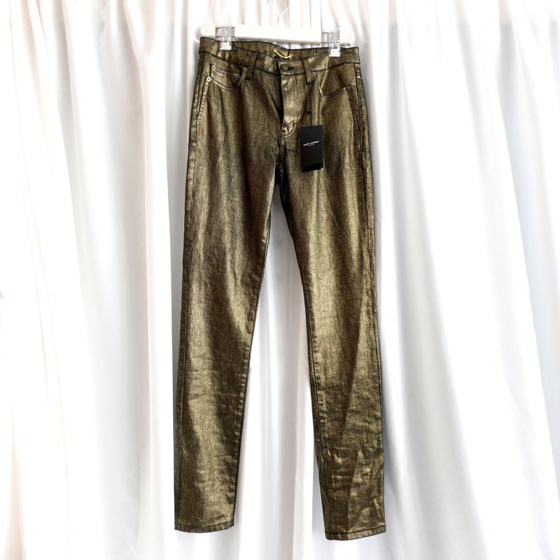 全新 法国名牌YSL Saint Laurent金漆幻彩色纯棉质窄脚黑色牛仔裤 - 中性裤装 - 真皮 金色