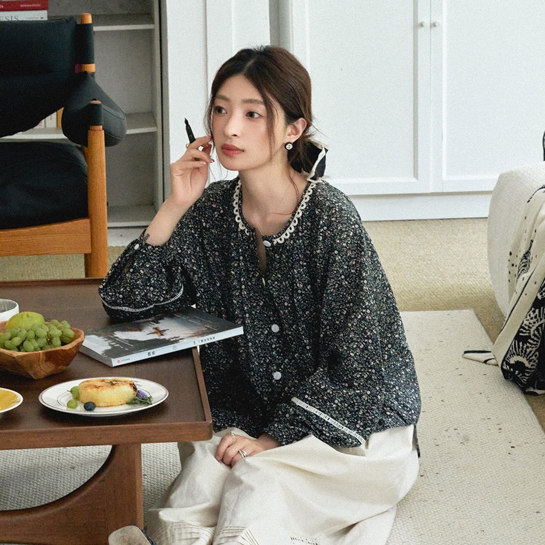 圆领花边泡泡袖衬衫|衬衫|两色|夏秋款|Sora-1568 - 女装衬衫 - 棉 多色