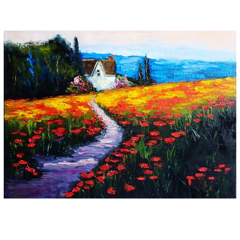 Tuscany Field Painting Oil Landscape Original Art Red Poppies Flowers Artwork - 海报/装饰画/版画 - 其他材质 多色