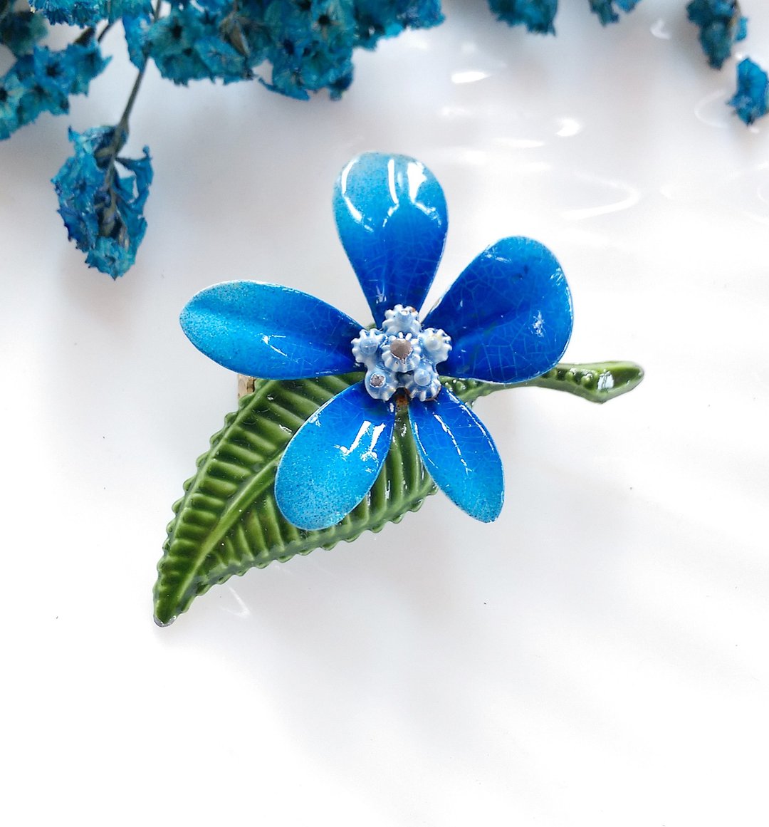 Vintage Jewelry   立体可爱 渐层蓝 珐琅花 花卉 别针  胸针 - 徽章/别针 - 其他材质 金色