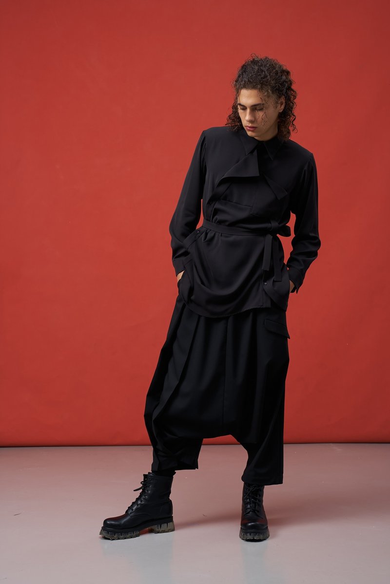 衬衫/长袖/绑带/解构/口袋衬衫/不对称/白/MRI/INF/SS25 - 男装衬衫 - 聚酯纤维 黑色