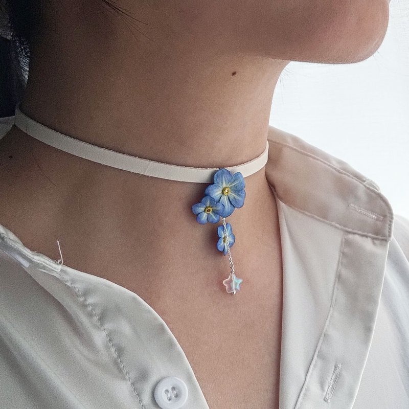 皮革工艺 勿忘我 颈链 choker - 颈链 - 真皮 蓝色