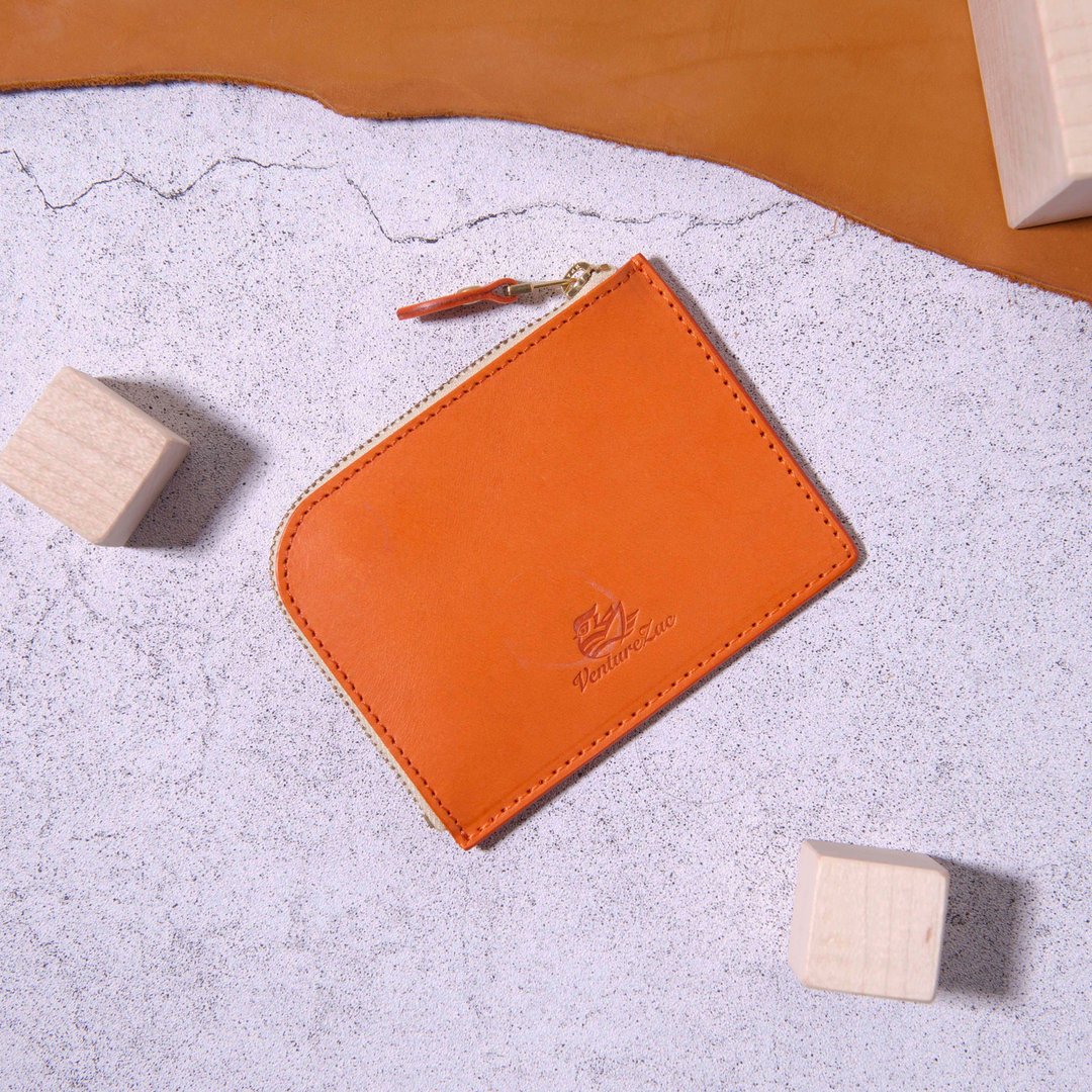 L型拉链零钱包L Zip Coin Wallet / 橘色 Orange / 免费刻字 - 零钱包 - 真皮 橘色