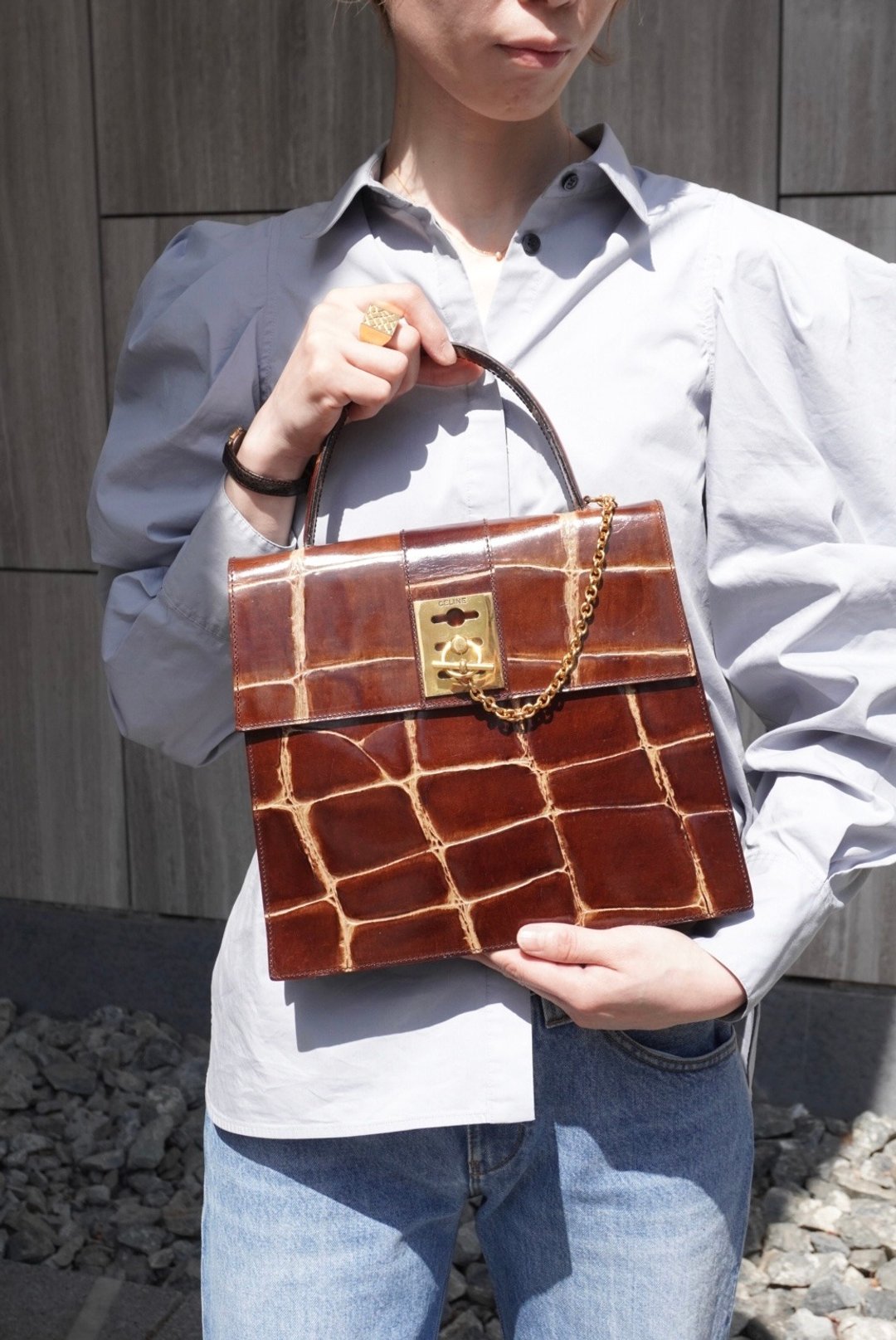 【VintageShop solo 日本直送中古包专卖店】CELINE 经典手提包 棕色 锁头设计 压鳄鱼纹皮革 复古 vintage bcfhg8 - 手提包/手提袋 - 真皮 咖啡色
