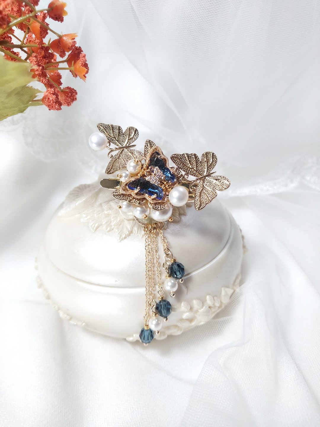 SWAROVSKI 系列【化蝶】水晶珍珠 天然珍珠  发夹 流苏  蝴蝶 - 发饰 - 珍珠 多色