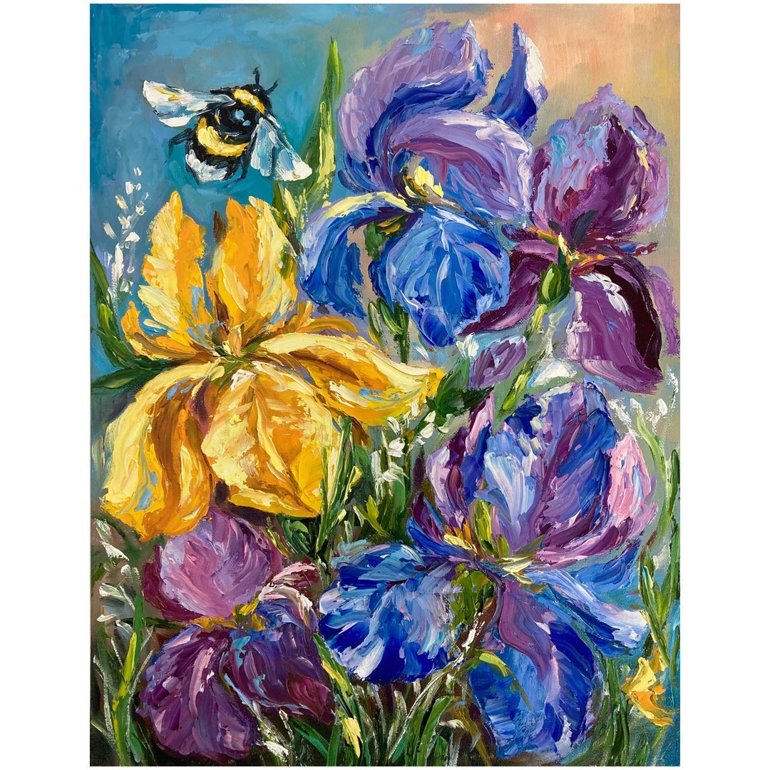 Irises flowers and bee oil original painting/wall art/painting - 墙贴/壁贴 - 其他材质 