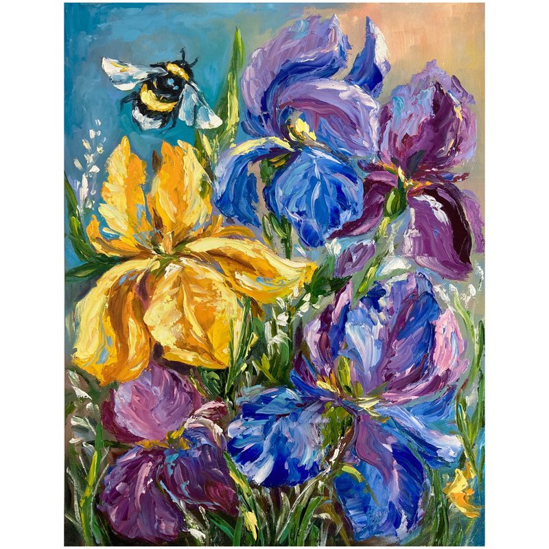 Irises flowers and bee oil original painting/wall art/painting - 墙贴/壁贴 - 其他材质 
