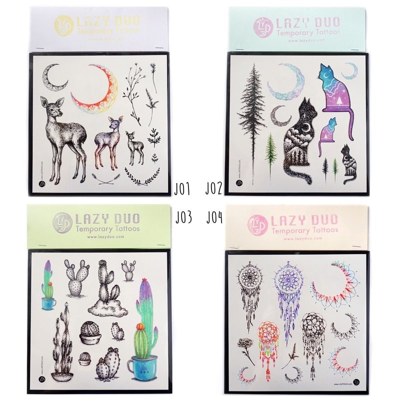 手绘水彩刺青纹身贴纸星座少女可爱文字猫咪柴犬狗八哥基太阳月亮 - 纹身贴 - 纸 多色