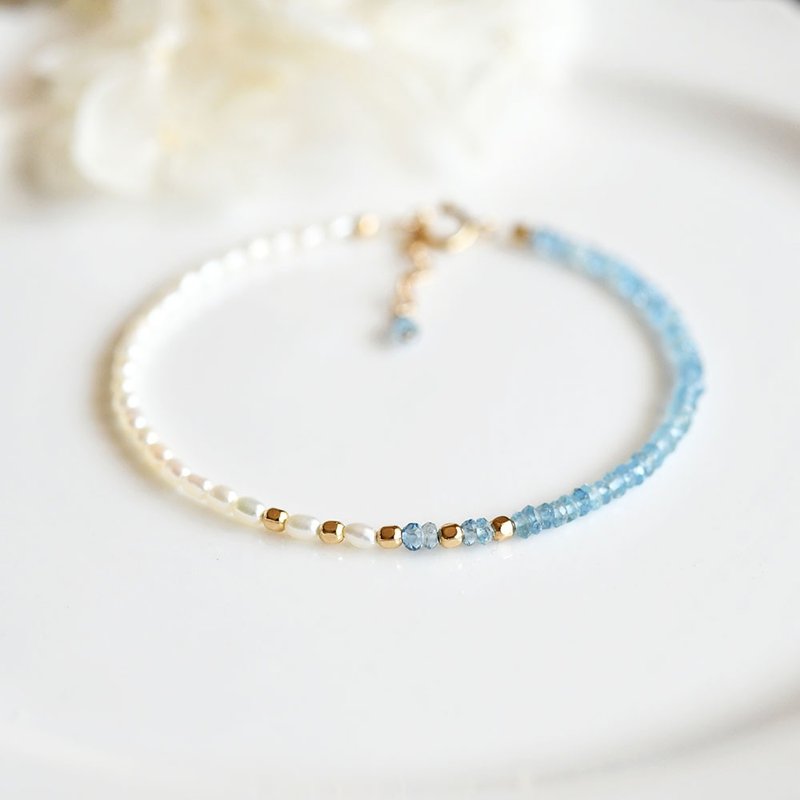 原创 3WAY 天使之石 幸运与幸福 海蓝宝石与珍珠手链 3月 6月诞生石 - 手链/手环 - 宝石 蓝色