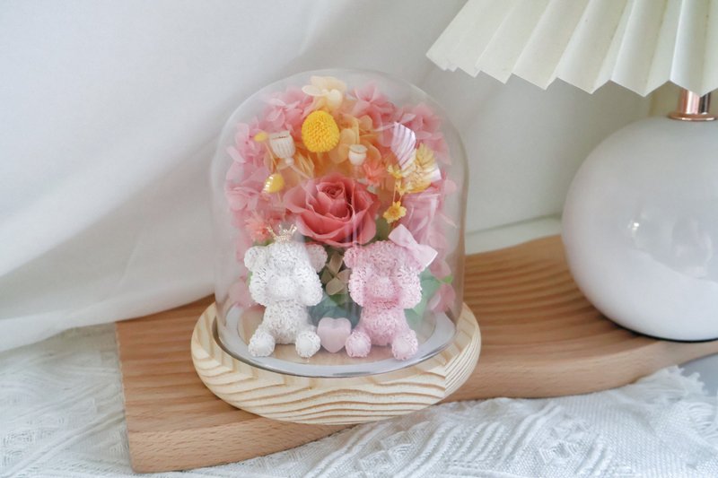 结婚礼物 成双成对 扩香小熊 永生花玻璃钟罩 结婚贺礼 新婚礼物 - 干燥花/捧花 - 植物．花 粉红色