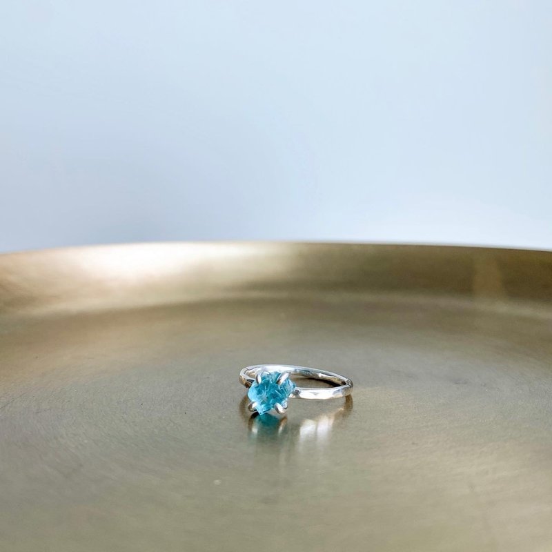 磷灰石 原矿 金工 925银戒指 raw apatite silver handmade ring - 戒指 - 半宝石 蓝色