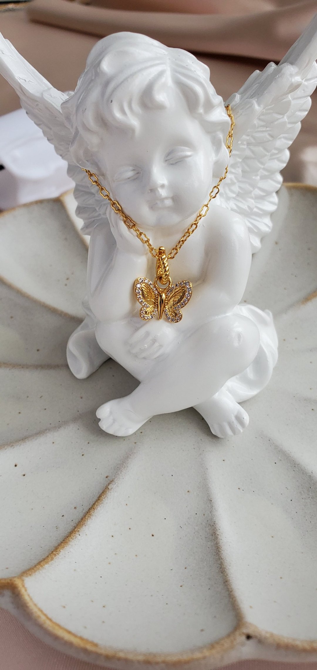黄铜镀 18K 金项链 ~ 蝴蝶项链 ~ 可调长短项链 ~ 水钻锁骨项链 - 项链 - 铜/黄铜 金色