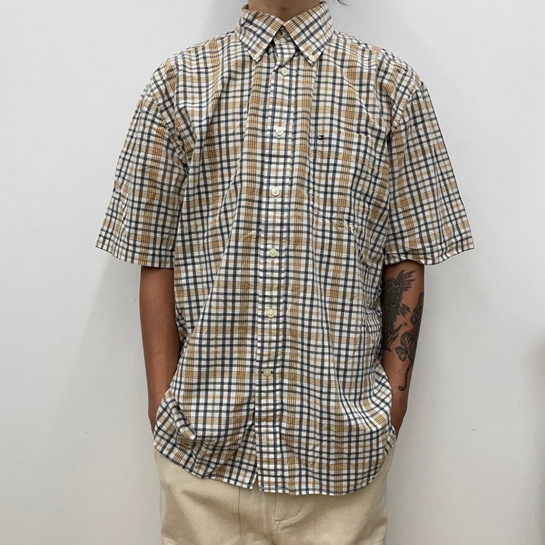 Tommy Hilfiger 大地色 卡其 格纹 短袖衬衫 电绣 古着 二手 - 男装衬衫 - 棉．麻 卡其色