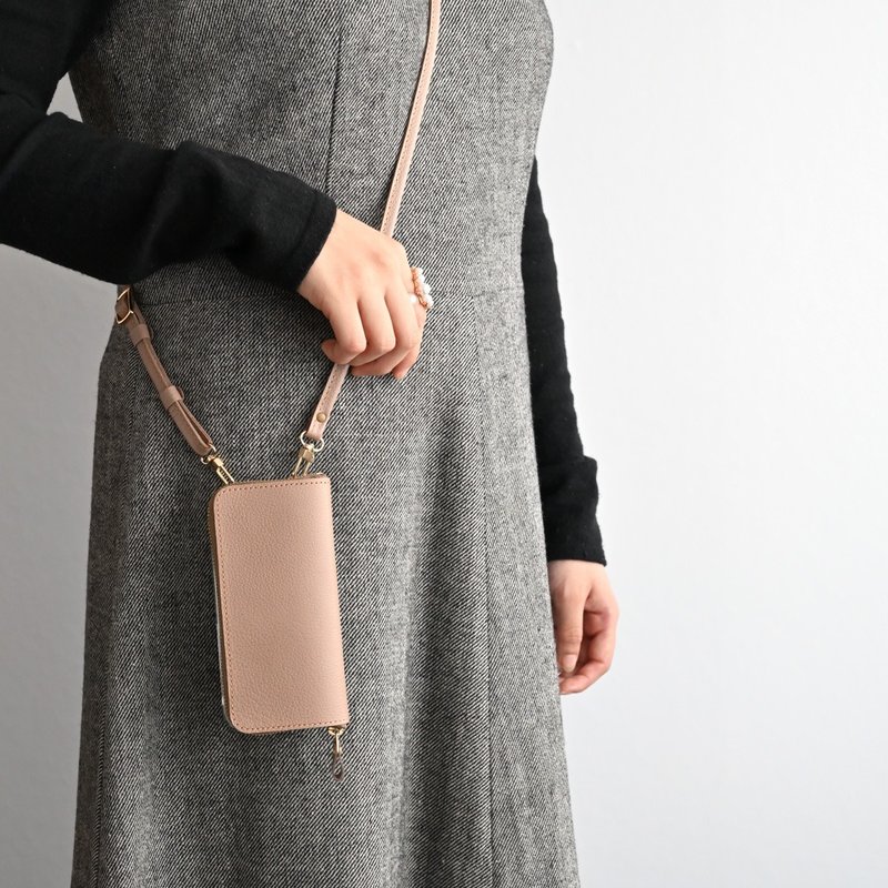 兼容于所有型号可旋转圆形拉链袋长智慧型手机保护套 [收缩皮革] 含肩带智慧型手机肩姬路皮革真皮 FS37K - 手机壳/手机套 - 真皮 咖啡色