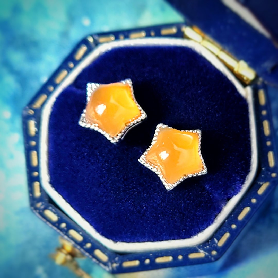 小星星卜面红玉髓电镀18K白金纯银耳环 - 耳环/耳夹 - 半宝石 橘色