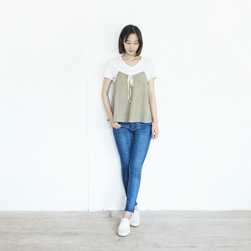 Lady Singlet  with Lace Spaghetti Strap Botanical Dyed Cotton - 女装上衣 - 棉 
