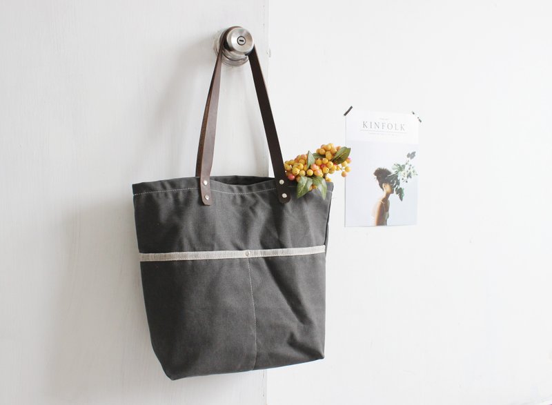 sobag手工布包中灰色帆布单肩包复古文艺侧背包托特包 前置外口袋 - 侧背包/斜挎包 - 其他材质 灰色