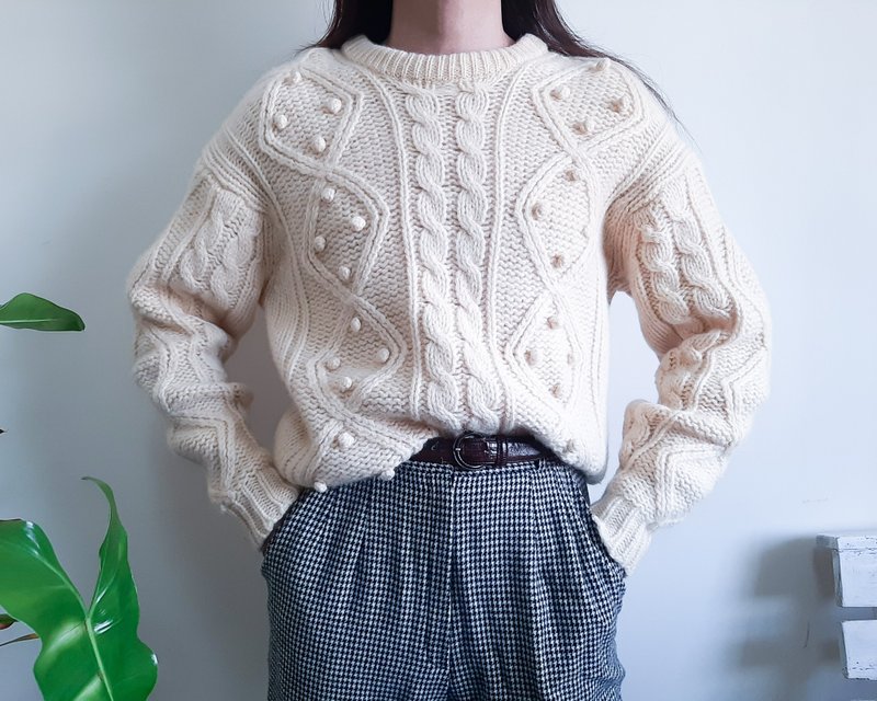 20 世纪 70 年代渔夫阿兰羊毛毛衣奶油色羊毛粗针织毛衣尺码 M L - 女装针织衫/毛衣 - 羊毛 卡其色