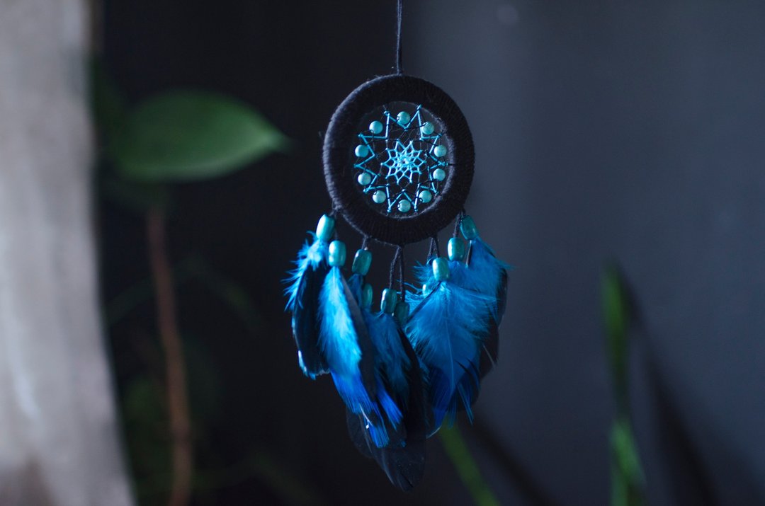 Turquoise blue dream catcher car size | Black car dreamcatcher for rear view - 墙贴/壁贴 - 绣线 黑色