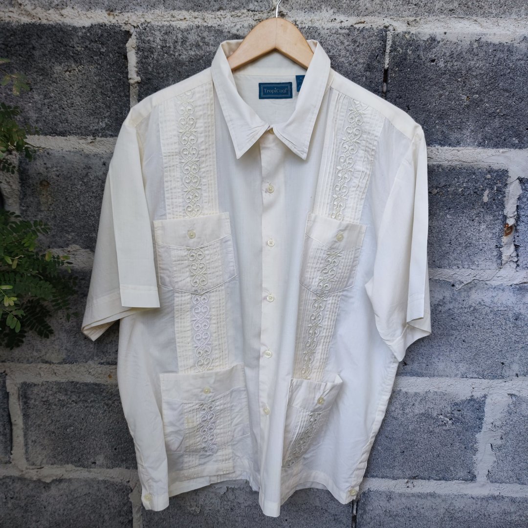 Vintage 90s Tropicool Guayabera  Embroidered Nice Shirt Size L - 男装衬衫 - 棉．麻 黄色