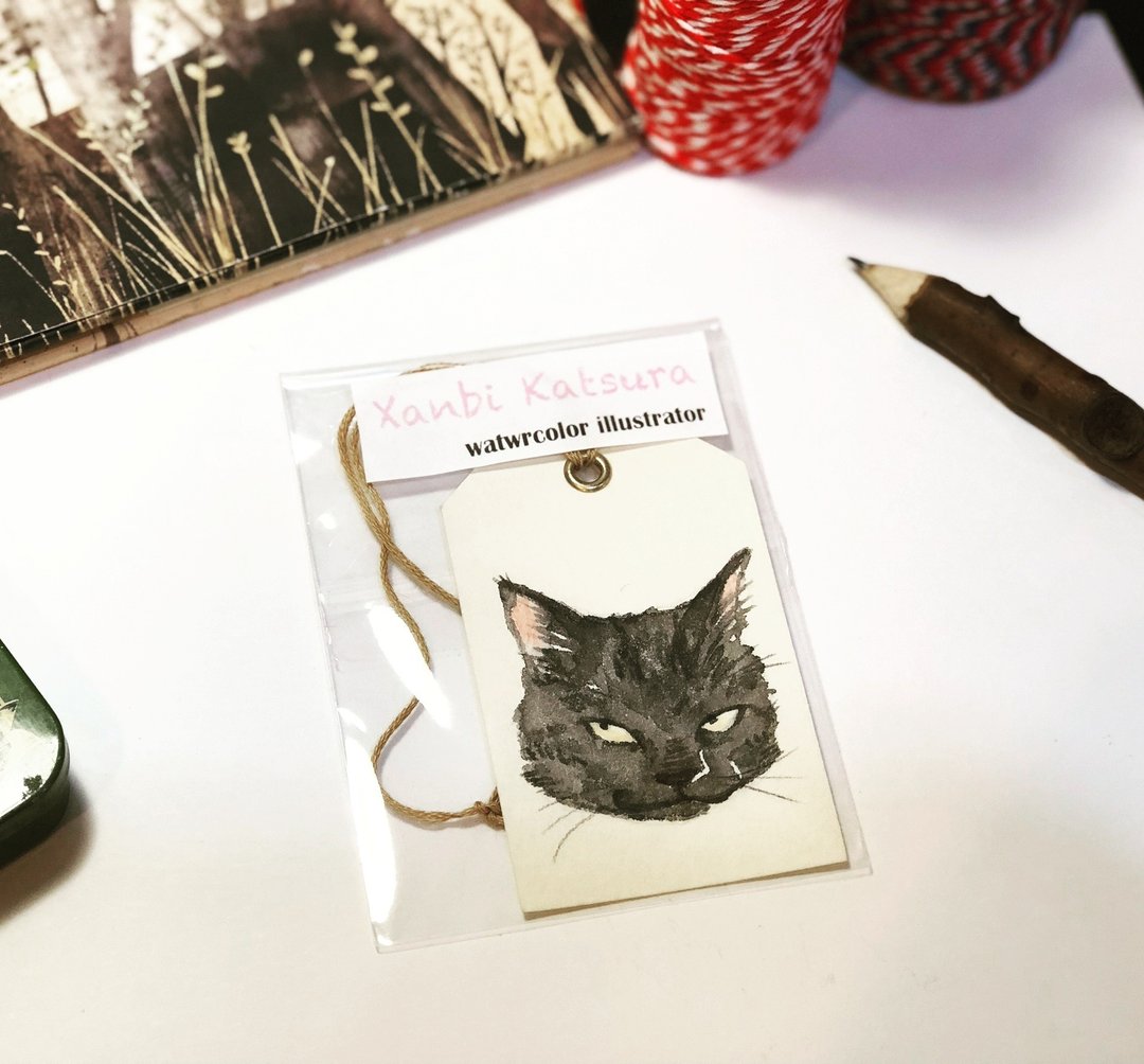 Ugly cat 丑猫水彩手绘原稿手工书签/礼物卡/吊卡 (计划通奸诈猫） - 书签 - 纸 