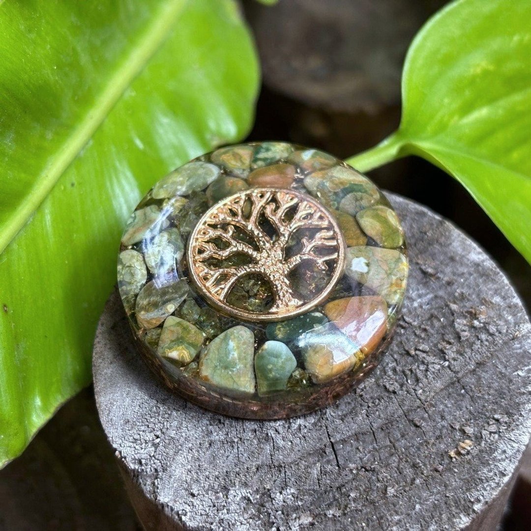 生命之树奥刚能量盘 海洋碧玉、琥珀迷你奥根塔 - 钥匙链/钥匙包 - 水晶 绿色
