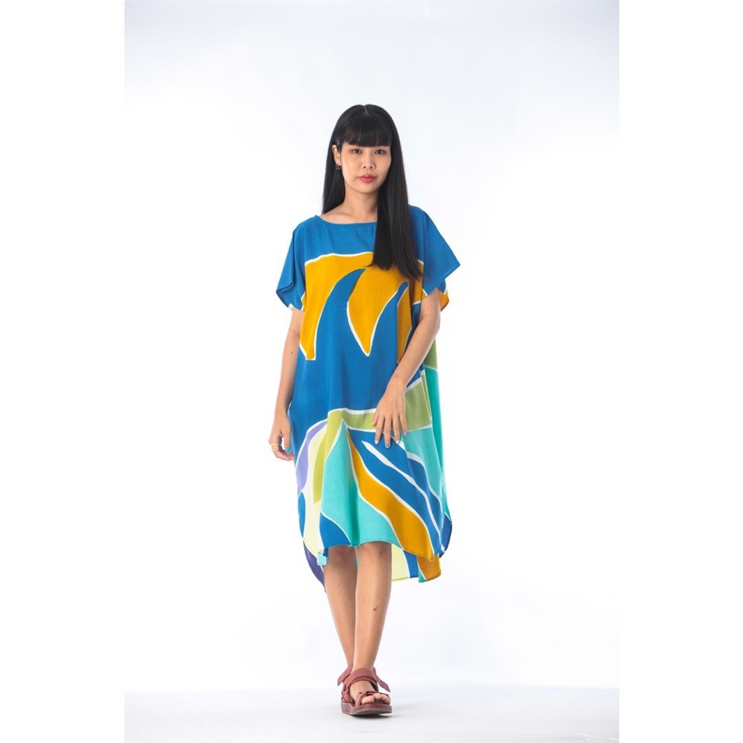 Hand Painted Cotton Rayon Kaftan for Summer Resort Vacation - 洋装/连衣裙 - 棉 蓝色
