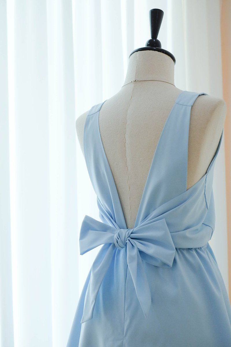 Baby blue Dress Bridesmaid dress backless party Cocktail short dress - 晚装/礼服 - 聚酯纤维 蓝色