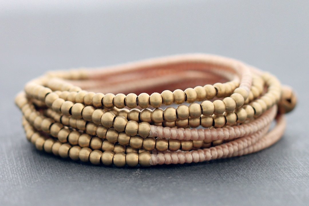 Wrap Bracelets Woven Beaded Nude Cream Bare Raw Brass Adjustable - 手链/手环 - 棉 卡其色