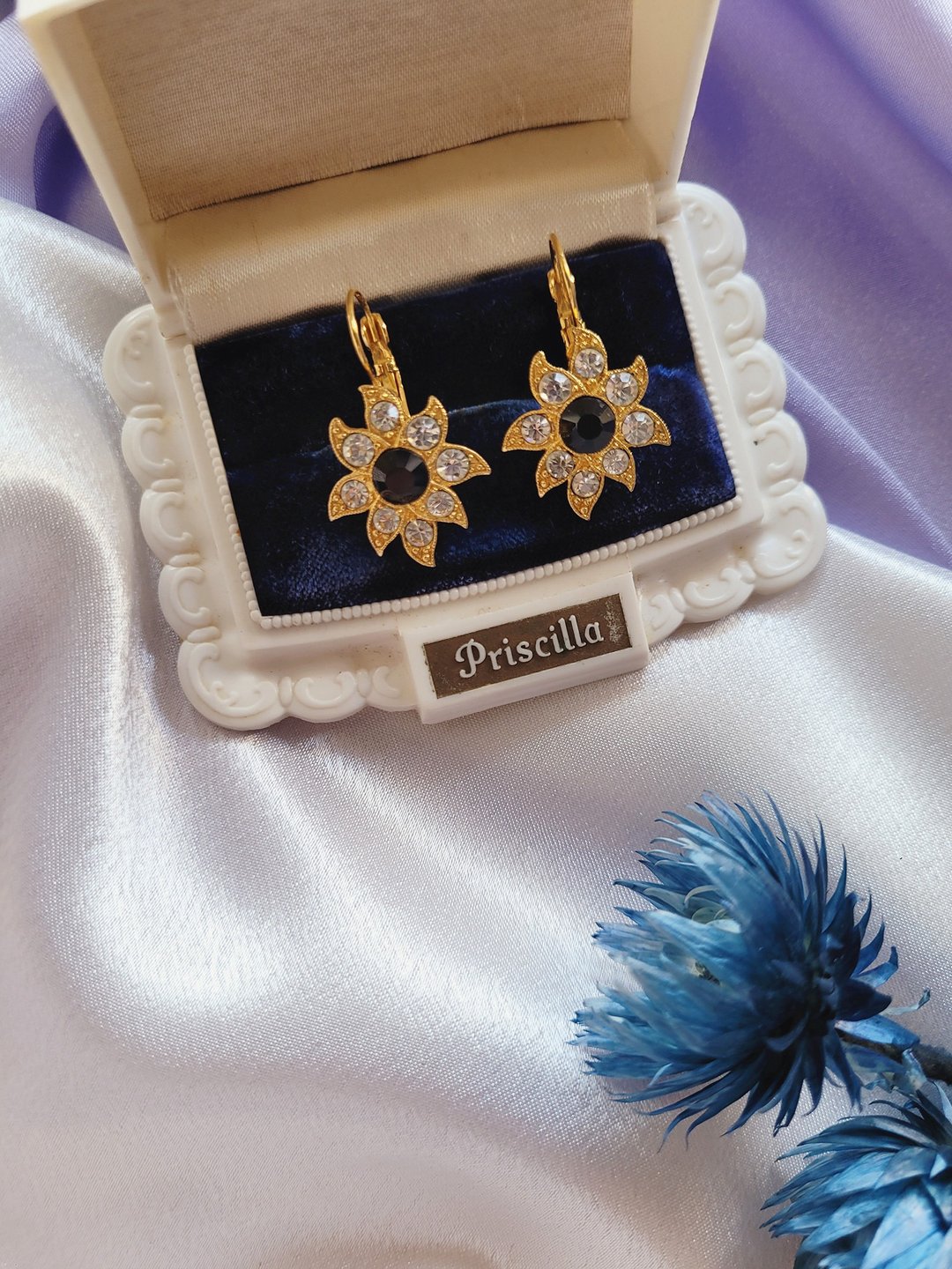 美国西洋古董饰品/ BIJOUX TEMPO黑钻水晶金花针式耳环/复古珠宝 - 耳环/耳夹 - 其他金属 