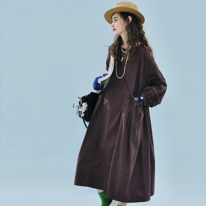 胭紫复古水洗沟花长袖连身裙 / 洋装 裙子 口袋 - 洋装/连衣裙 - 棉．麻 紫色