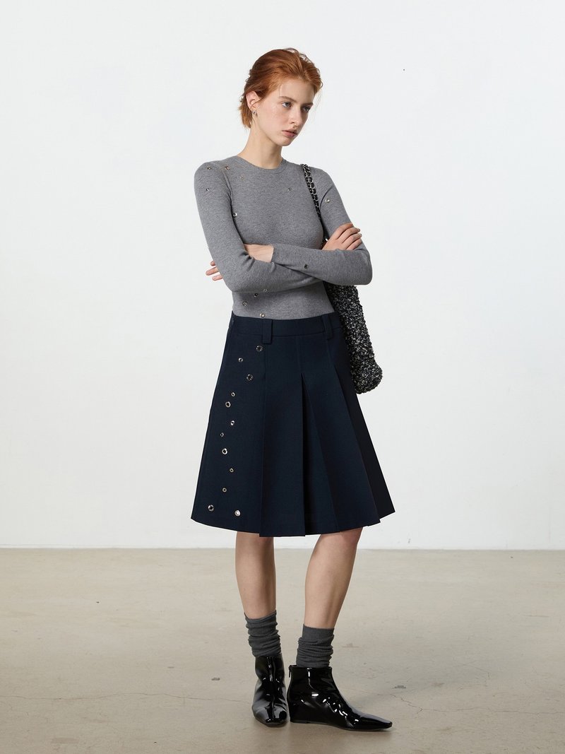 海軍藍 裝飾美學 手工金屬氣眼百褶半身裙 - 裙子 - 棉．麻 蓝色