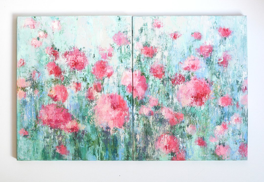 布面油画原作 50x80cm 牡丹 抽象花卉 现代艺术 - 墙贴/壁贴 - 其他材质 粉红色