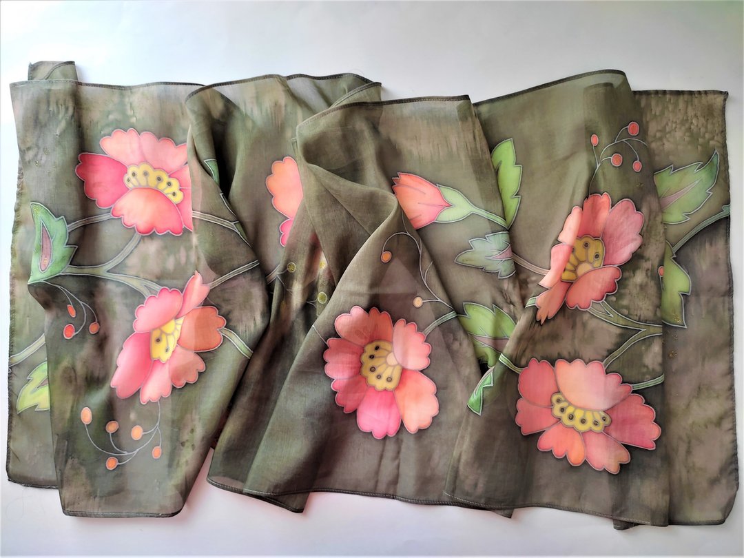 Pink and green scarf Hand painted scarf Floral scarves Cotton and silk scarf - 丝巾 - 丝．绢 卡其色