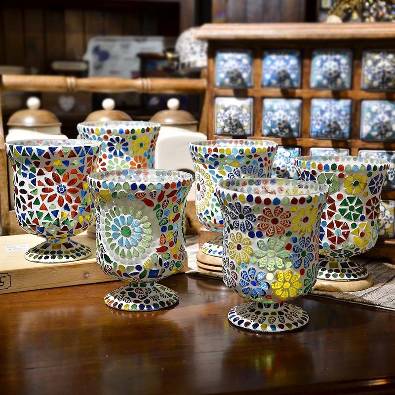 印度进口马赛克拼贴系列 / 高脚杯马赛克烛杯 |乡村风|印度风情 - 蜡烛/烛台 - 玻璃 多色