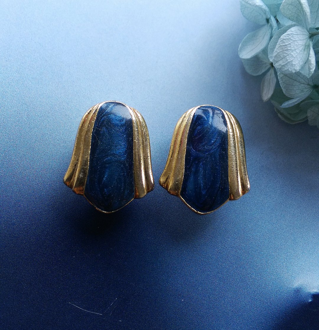 【西洋古董饰品 】 深蓝色调 知性  针式耳环 - 耳环/耳夹 - 其他金属 金色