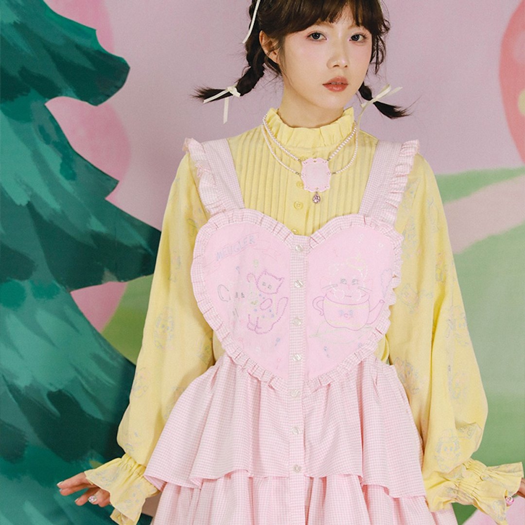 牛稠岛 森林的秘密 Lolita叠穿甜美 茶壶猫刺绣抽绳粉色桃心围裙 - 女装上衣 - 棉 粉红色