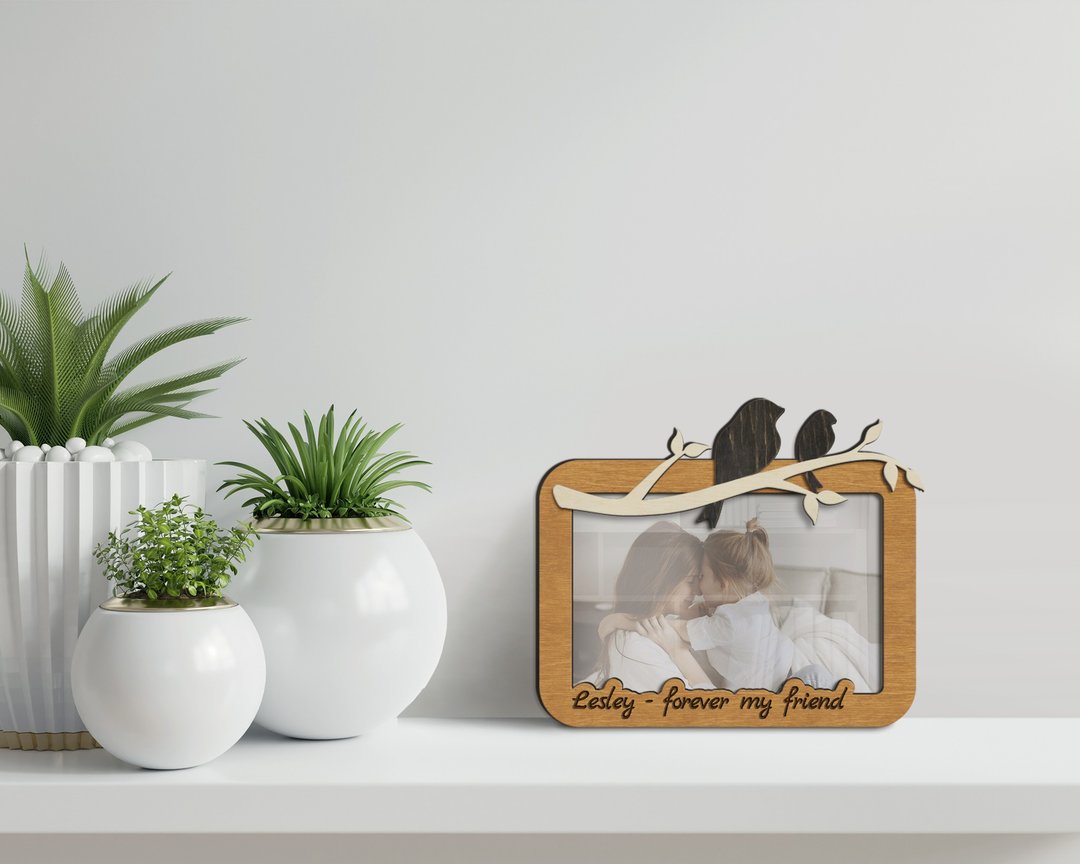 Personalized photo frame with two birds Custom color engraved picture frame - 画框/相框 - 木头 橘色