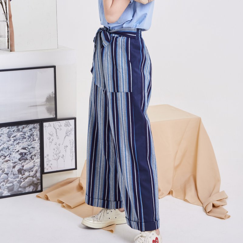 Indigo Striped Clouds Pants w/ waistband - 女装长裤 - 棉．麻 蓝色
