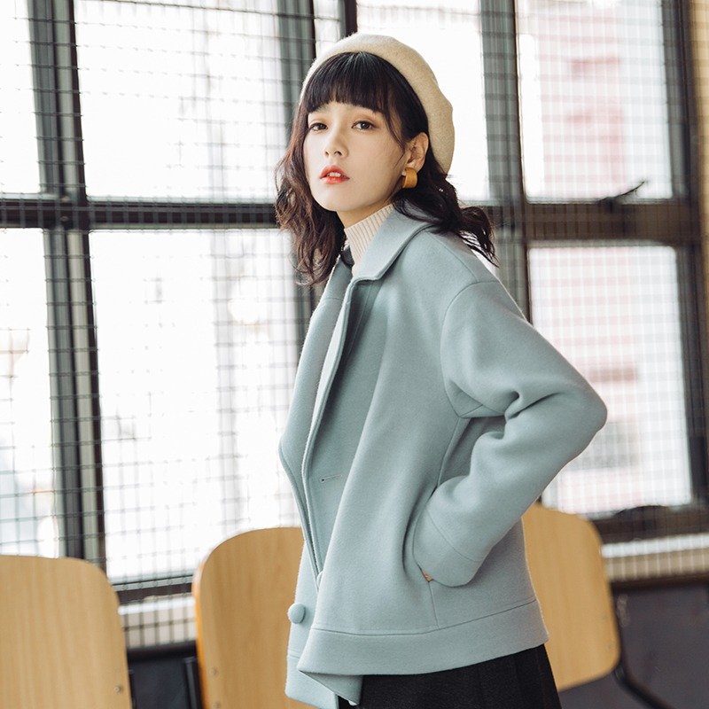 安妮陈2017冬装新款女装呢料短款西装领外套 - 女装休闲/机能外套 - 棉．麻 蓝色