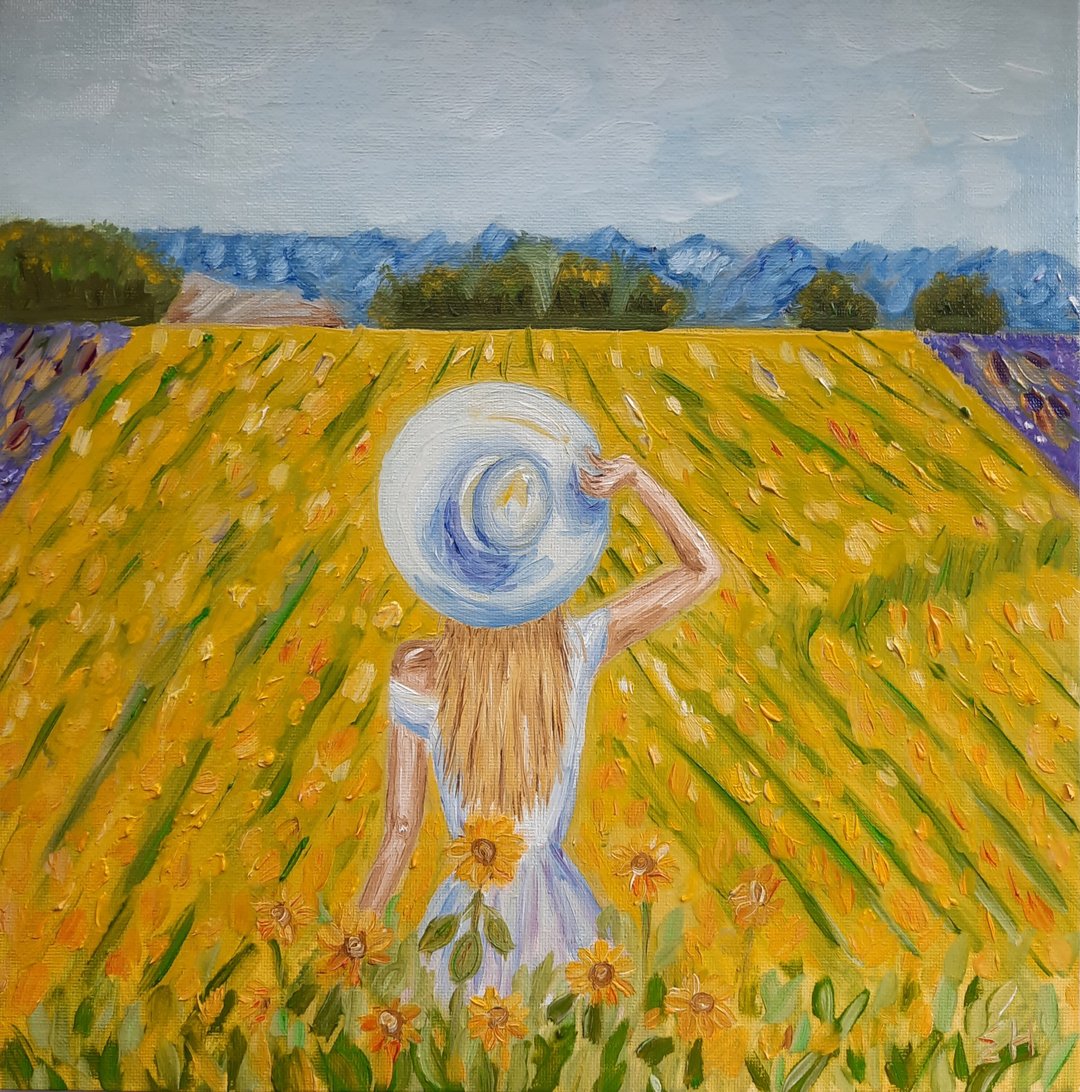 向日葵田野画 Girl in the field wall 向日葵田野图片女孩油画 - 海报/装饰画/版画 - 棉 黄色