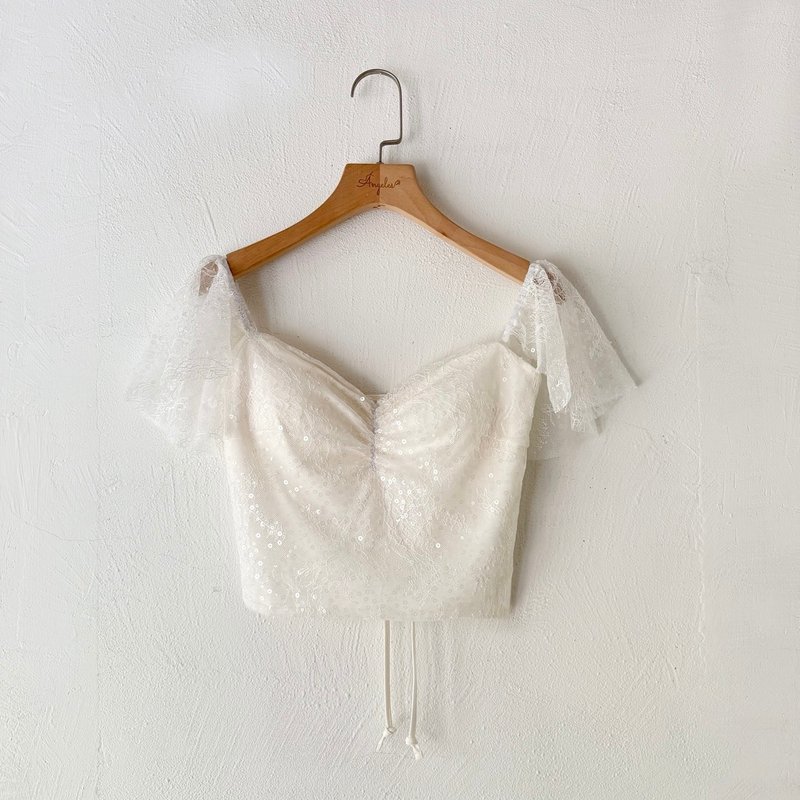 订制系列 - 法式马甲绑带飘袖上衣 (白蕾丝) - 女装背心 - 其他材质 白色