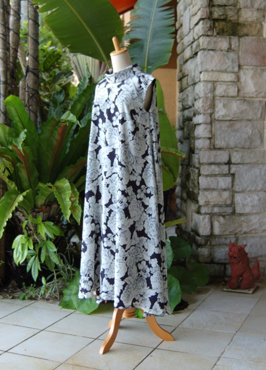Roll Collar Long Resort One Piece Black x Mint Green + Ivory Lined - 洋装/连衣裙 - 棉 