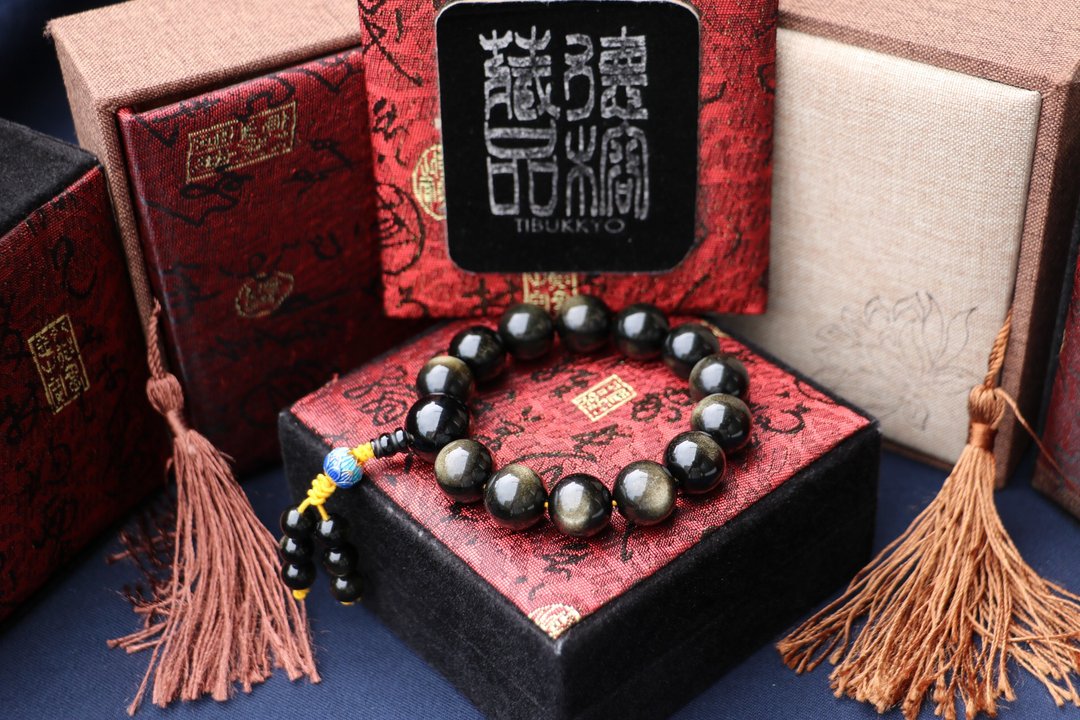 原矿无染色金曜石手链14mm 定制化串珠设计 黑曜石佛珠念珠手珠 - 手链/手环 - 石头 